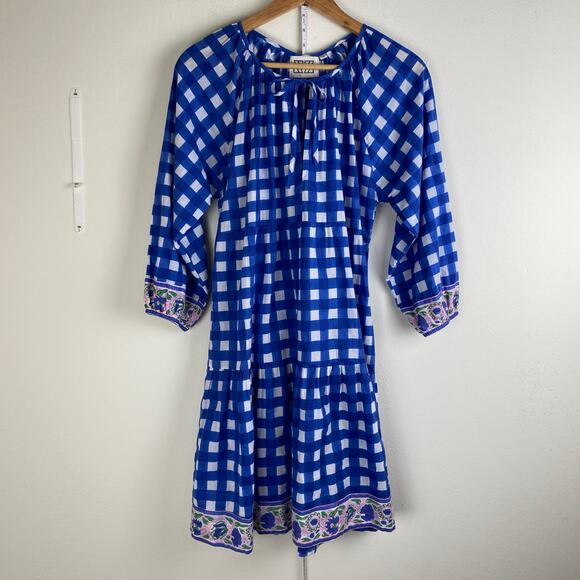 SZ Blockprints Priya Dress Size L London Blue Gingham Cotton Casual Tuckernuck - Picture 8 of 14